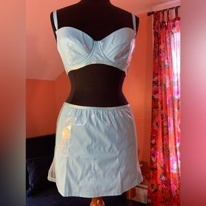 Baby blue, pleather and mesh skirt and bra set